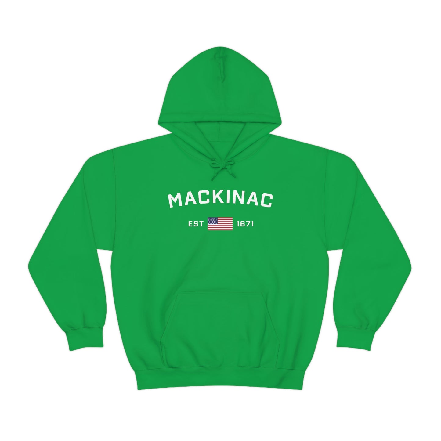 'Mackinac EST 1671' Hoodie (w/USA Flag Outline) | Unisex Standard