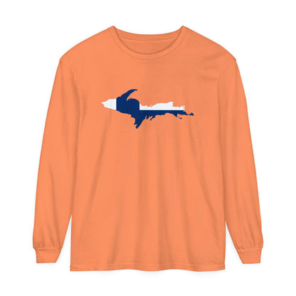 Michigan Upper Peninsula Garment-Dyed T-Shirt (w/ UP Finland Flag Outline) | Unisex Long Sleeve