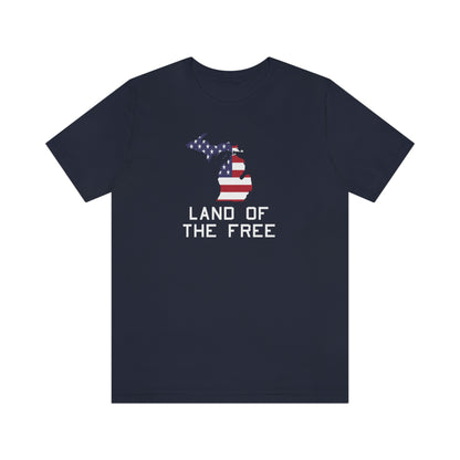 Michigan 'Land of the Free' T-Shirt (USN Stencil Font w/ MI USA Flag Outline) | Unisex Standard Fit