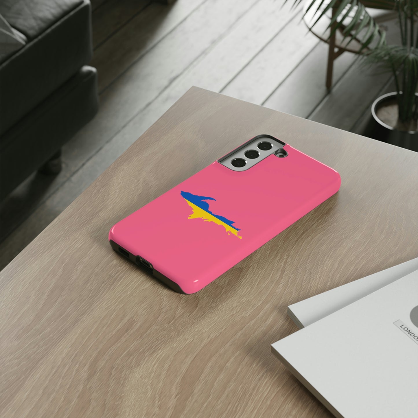 Michigan Upper Peninsula Tough Phone Case (Rhodochrosite Pink w/ UP Ukraine Flag Outline) | Samsung & Pixel Android