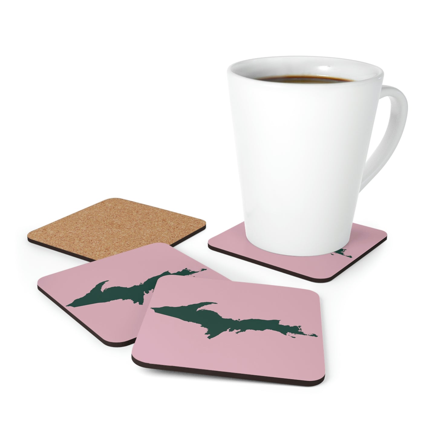 Michigan Upper Peninsula Coaster Set (Pink w/ Green UP Outline) | Corkwood - 4 pack