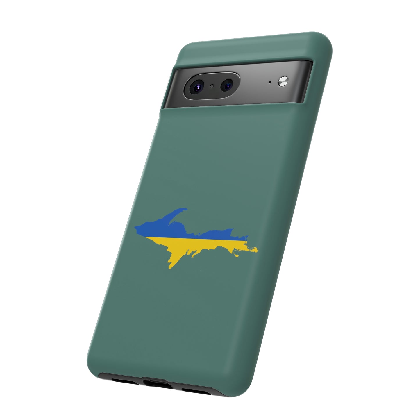 Michigan Upper Peninsula Tough Phone Case (Copper Green w/ UP Ukraine Flag Outline) | Samsung & Pixel Android