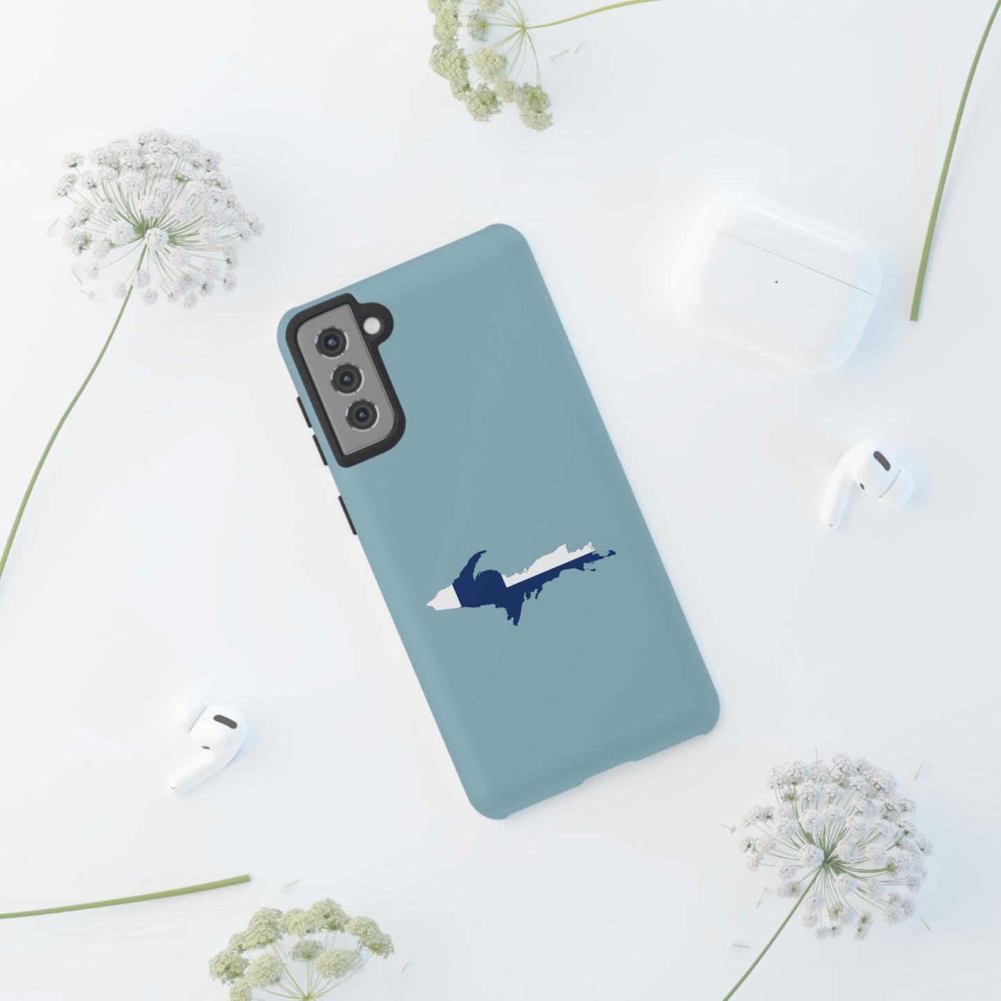 Michigan Upper Peninsula Tough Phone Case (Opal Blue w/ UP Finland Flag Outline) | Samsung & Pixel Android