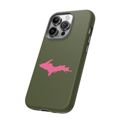 Michigan Upper Peninsula Tough Phone Case (Army Green w/ Pink UP Outline) | Apple iPhone