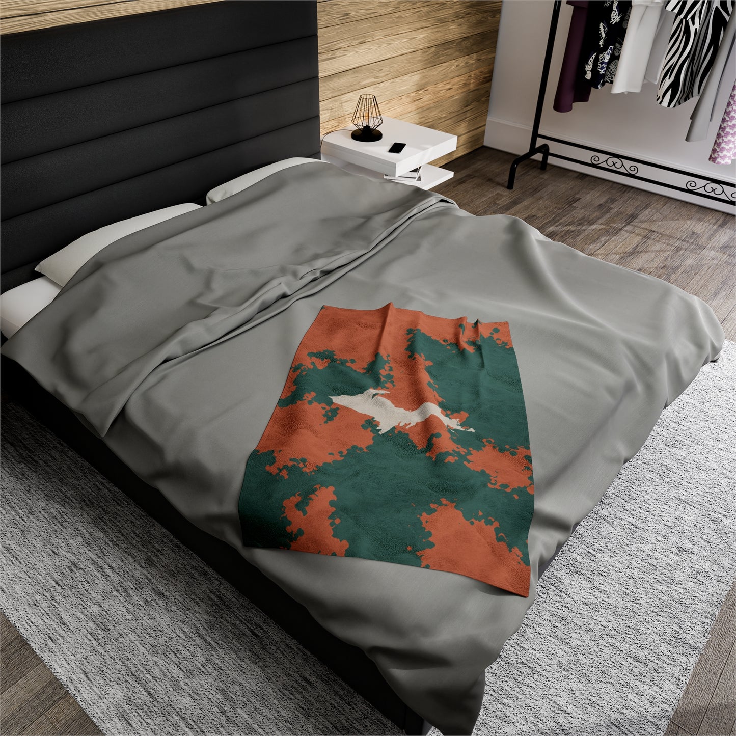 Michigan Upper Peninsula Plush Blanket (Copper Country Camo w/ UP Outline) | Canvas Color