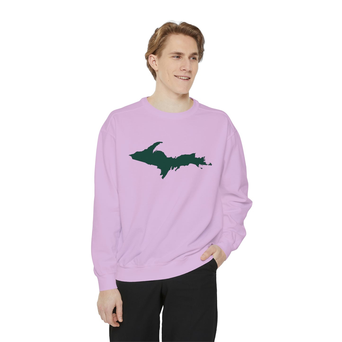 Michigan Upper Peninsula Sweatshirt (w/ Green UP Outline) | Unisex Garment Dyed