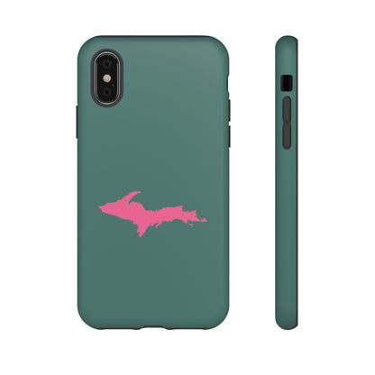 Michigan Upper Peninsula Tough Phone Case (Copper Green w/ Pink UP Outline) | Apple iPhone