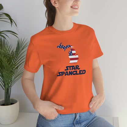 Michigan 'Star Spangled' T-Shirt (Epic Sci Fi Font w/ MI USA Flag Outline) | Unisex Standard Fit