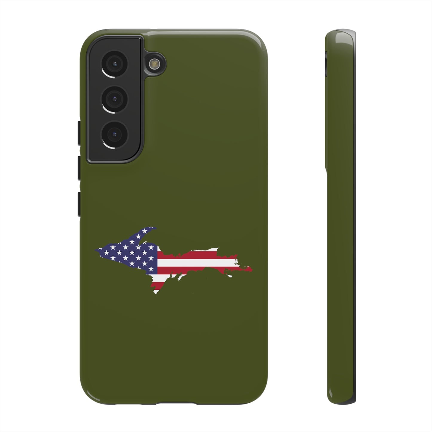 Michigan Upper Peninsula Tough Phone Case (Army Green w/ UP USA Flag Outline) | Samsung & Pixel Android