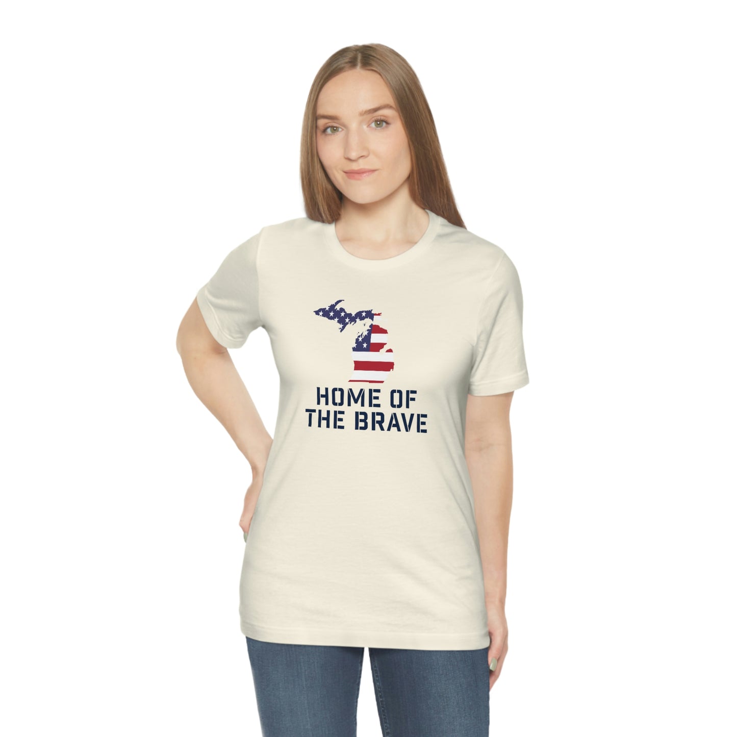 Michigan 'Home of the Brave' T-Shirt (Military Stencil Font w/ MI USA Outline) | Unisex Standard Fit