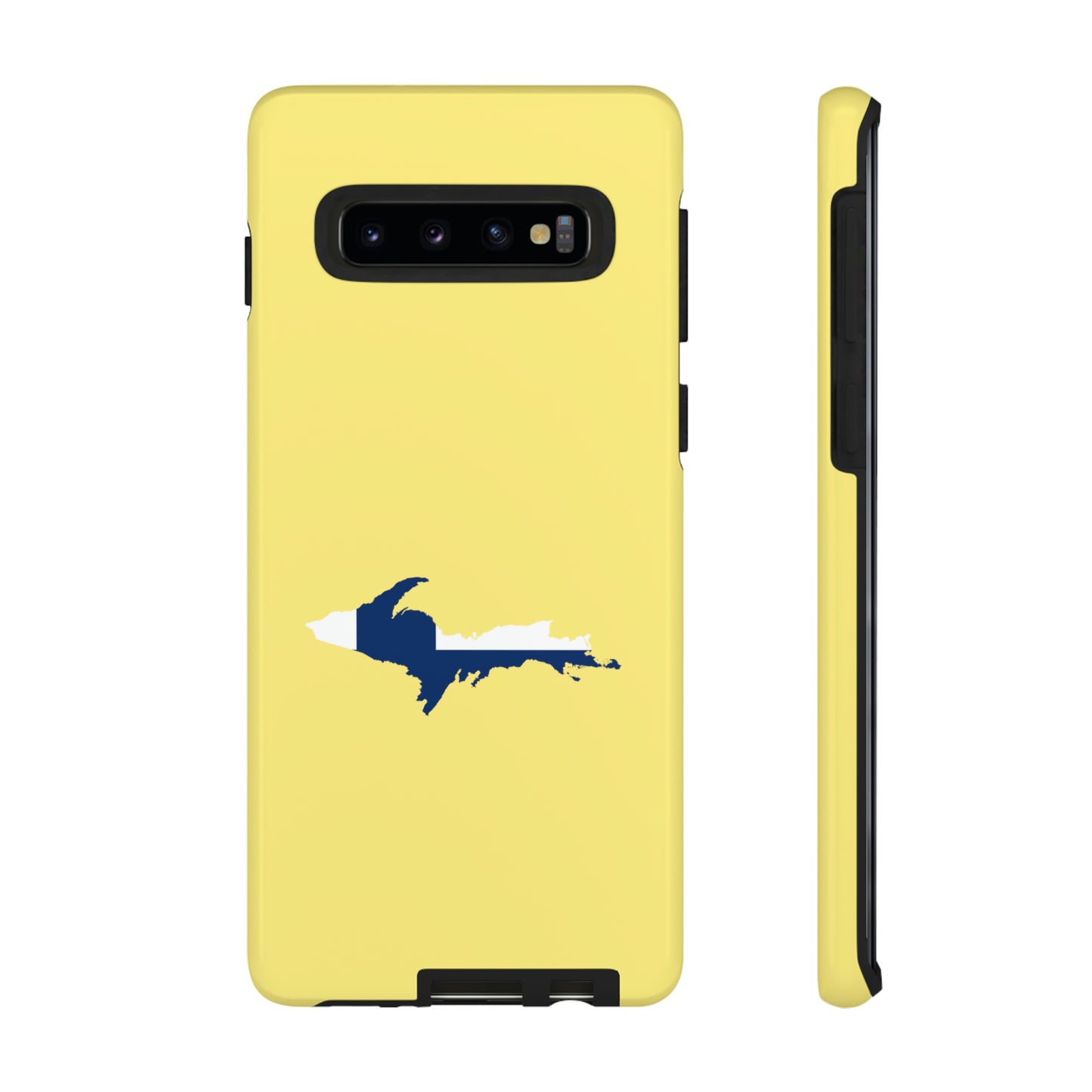 Michigan Upper Peninsula Tough Phone Case (Yellow Cherry Color w/ UP Finland Flag Outline) | Samsung & Pixel Android