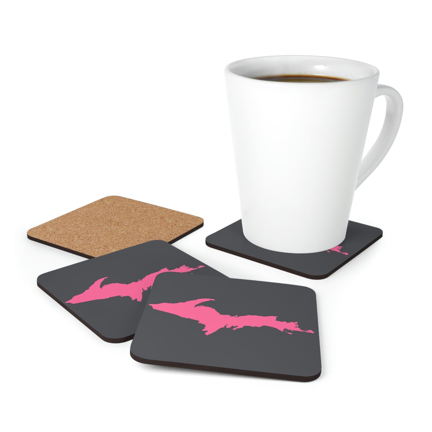 Michigan Upper Peninsula Coaster Set (Iron Ore Grey w/ Pink UP Outline) | Corkwood - 4 pack