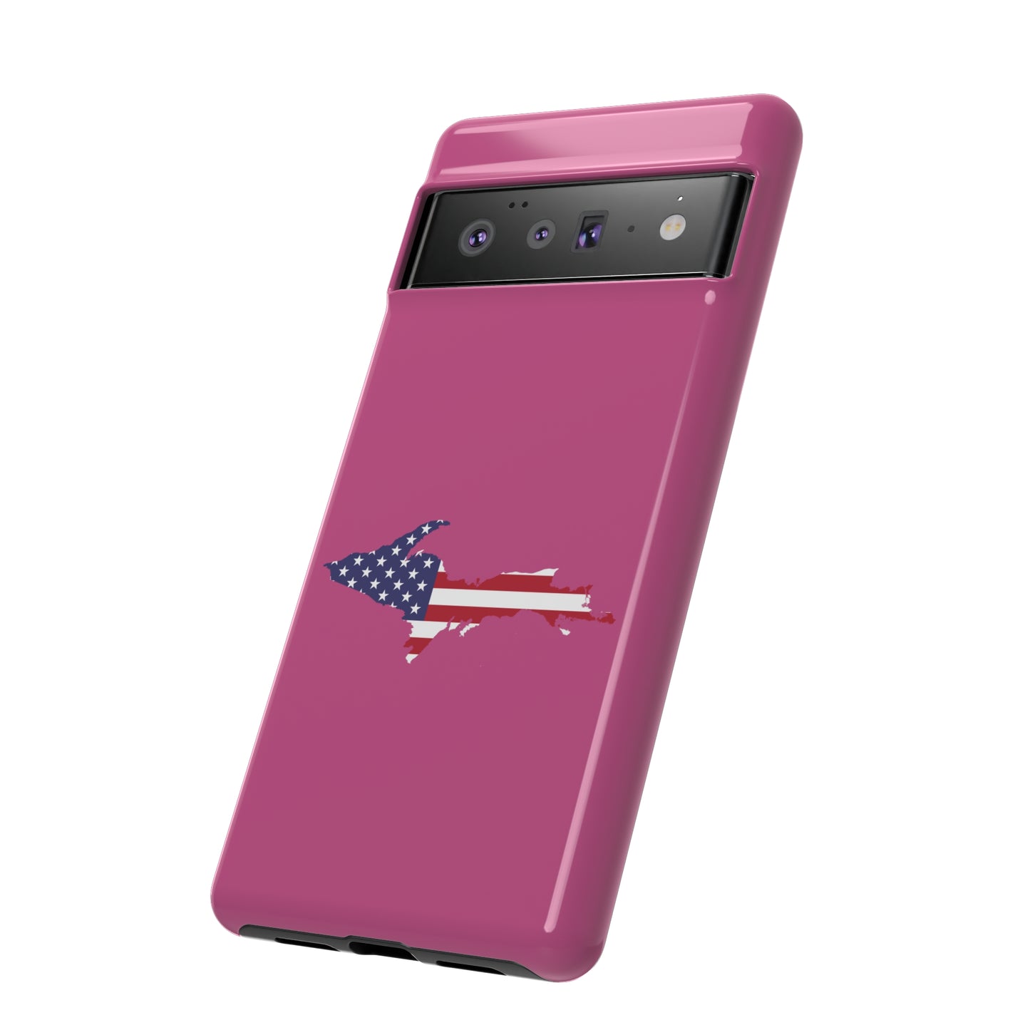 Michigan Upper Peninsula Tough Phone Case (Apple Blossom Pink w/ UP USA Flag Outline) | Samsung & Pixel Android