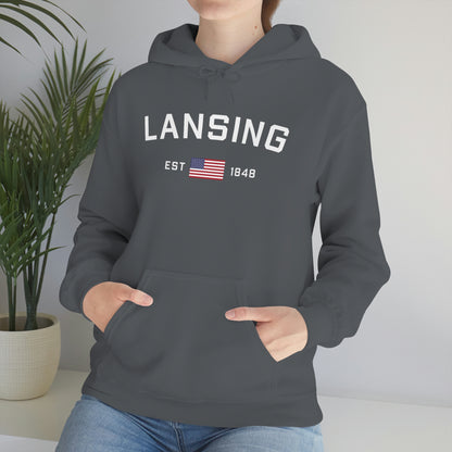 'Lansing EST 1848' Hoodie (w/USA Flag Outline) | Unisex Standard