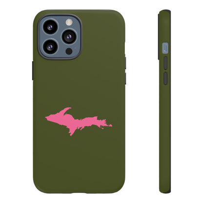 Michigan Upper Peninsula Tough Phone Case (Army Green w/ Pink UP Outline) | Apple iPhone