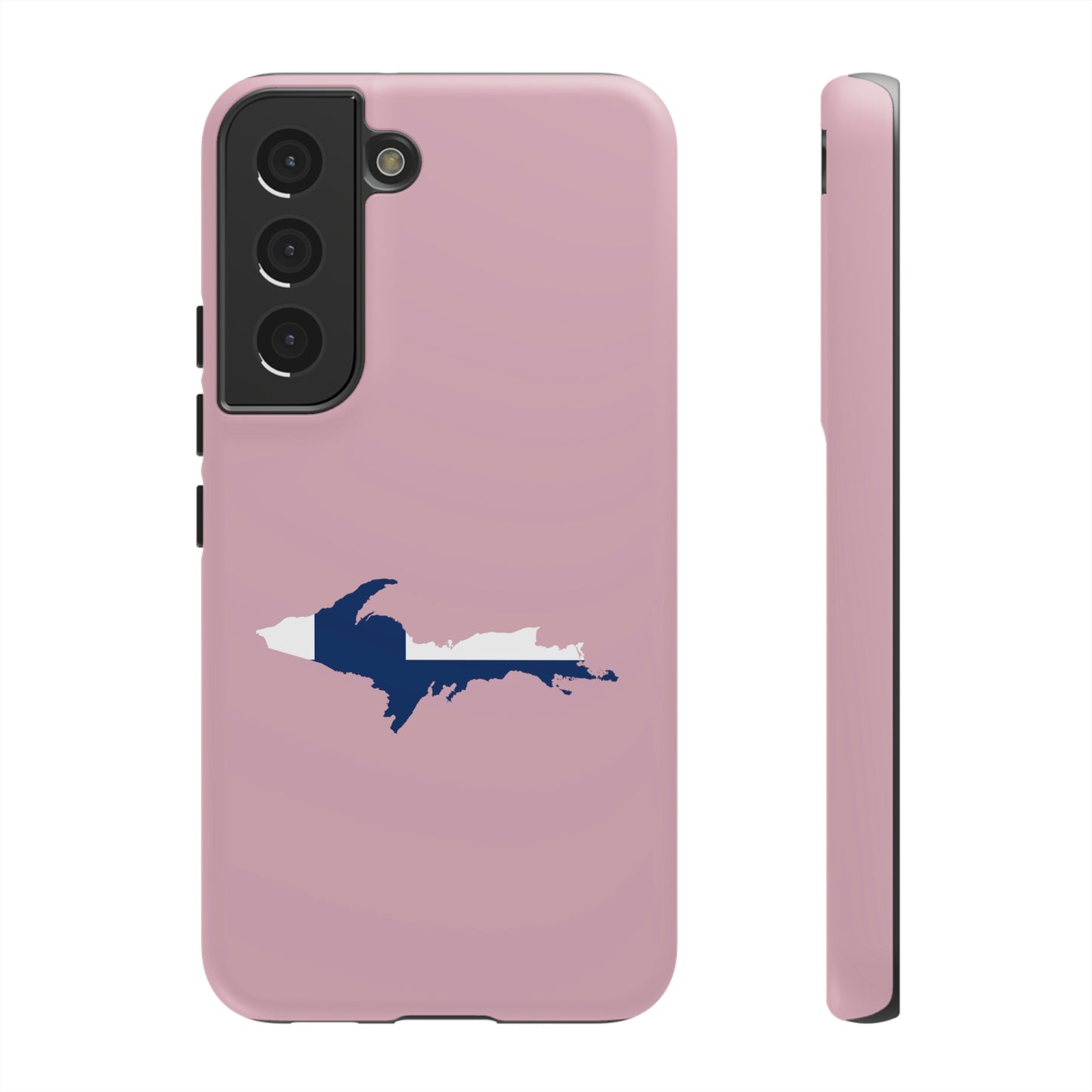 Michigan Upper Peninsula Tough Phone Case (Pink w/ UP Finland Flag Outline) | Samsung & Pixel Android