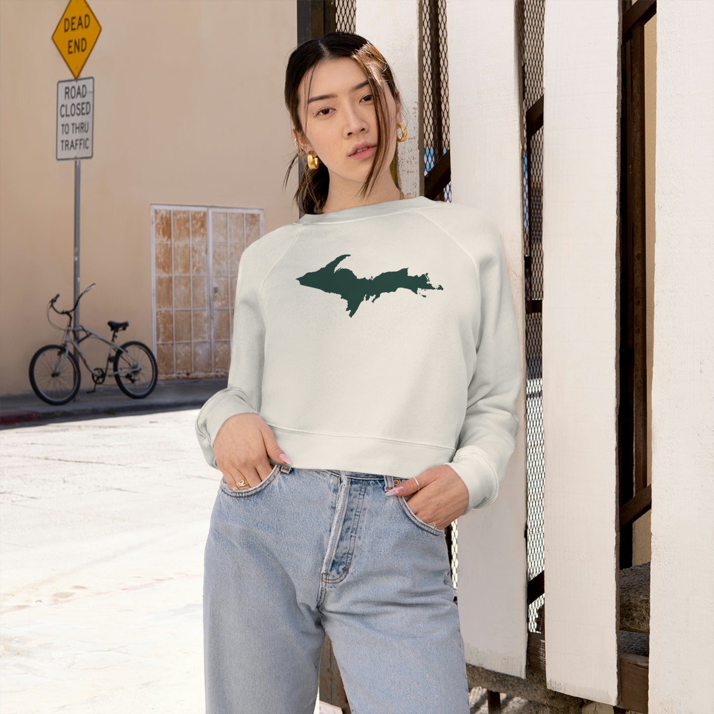 Michigan Upper Peninsula Sweatshirt (w/ Green UP Outline) | Cropped Mid-Length