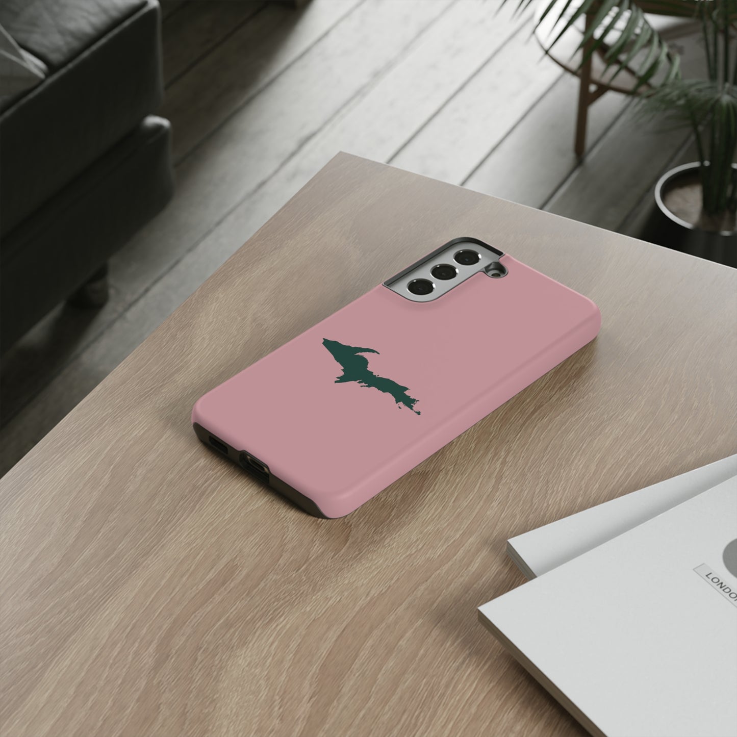 Michigan Upper Peninsula Tough Phone Case (Cherry Blossom Pink w/ Green UP Outline) | Samsung & Pixel Android