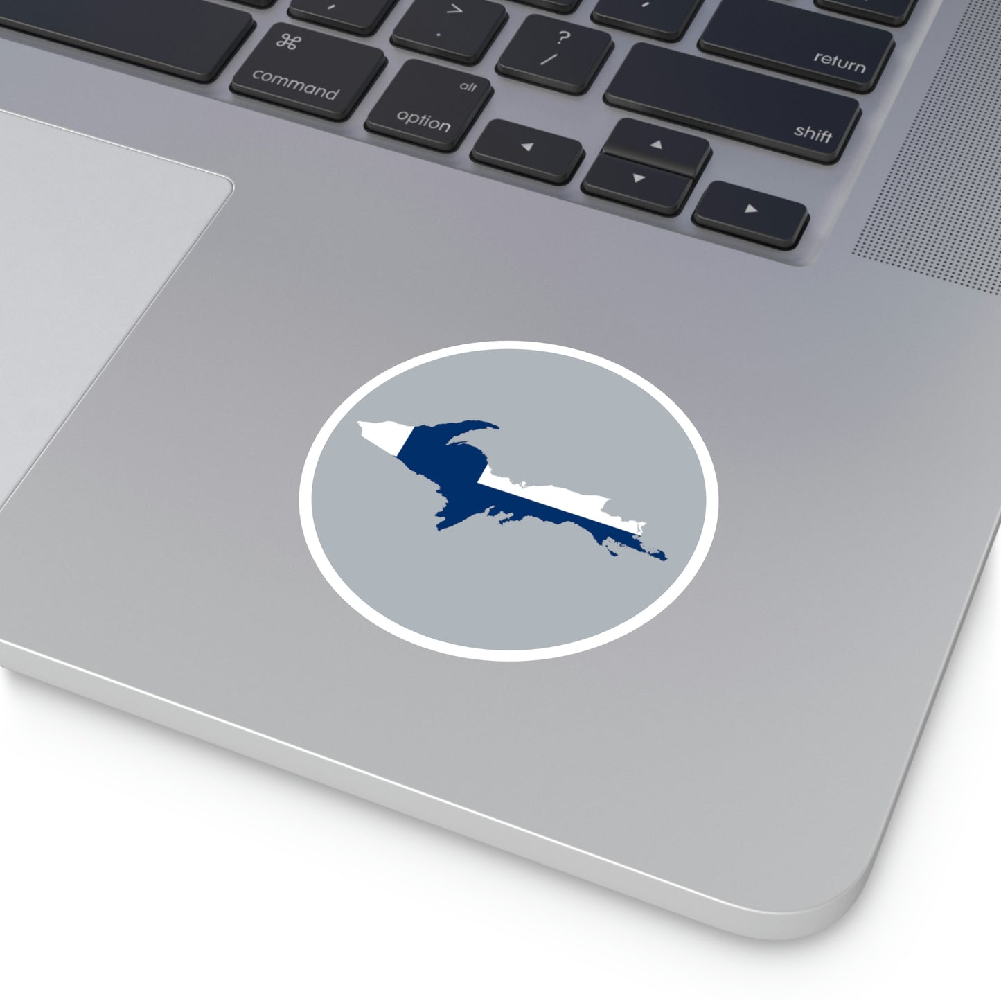 Michigan Upper Peninsula Round Stickers (Silver w/ UP Finland Flag Outline) | Indoor\Outdoor