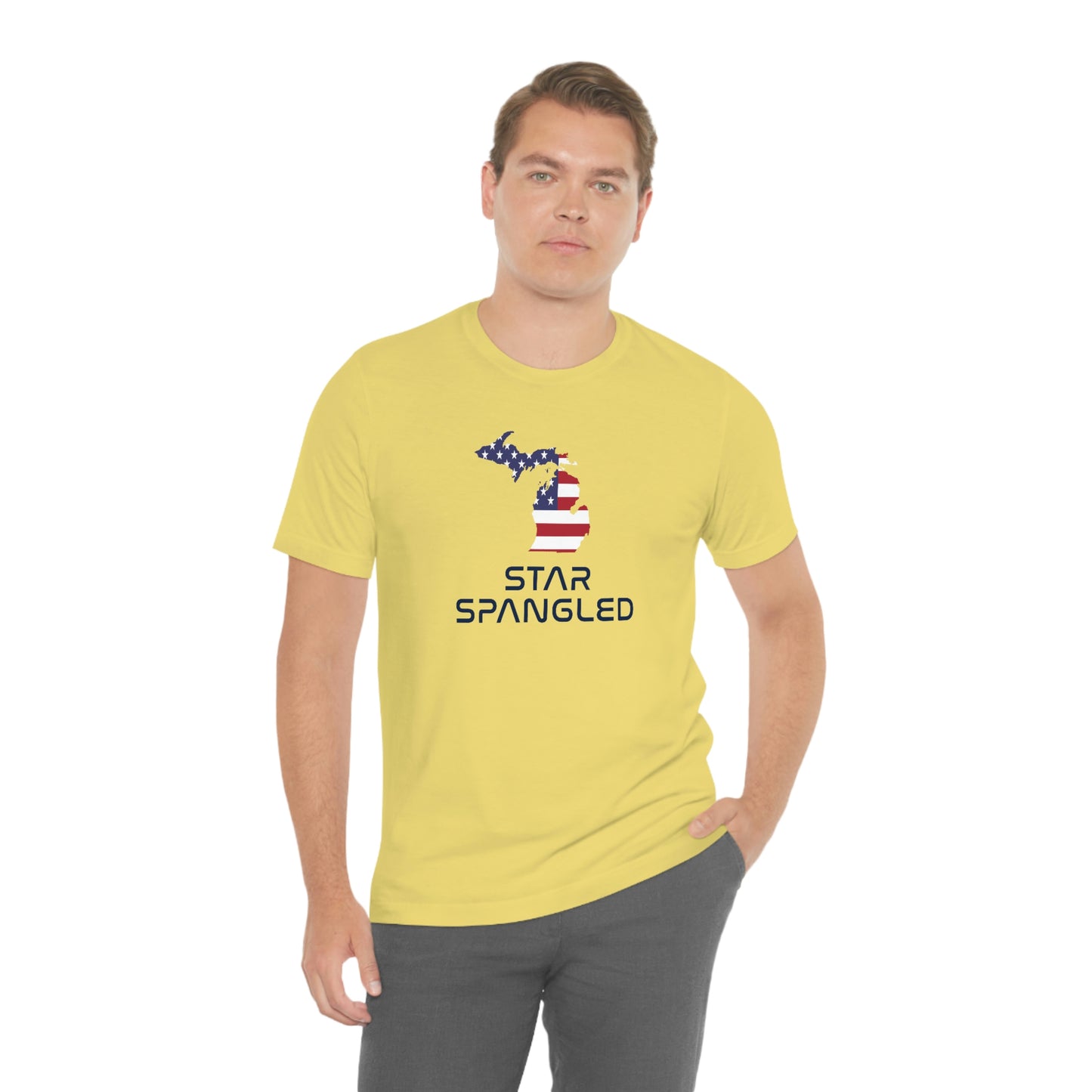 Michigan 'Star Spangled' T-Shirt (Space Agency Font w/ MI USA Flag Outline) | Unisex Standard Fit