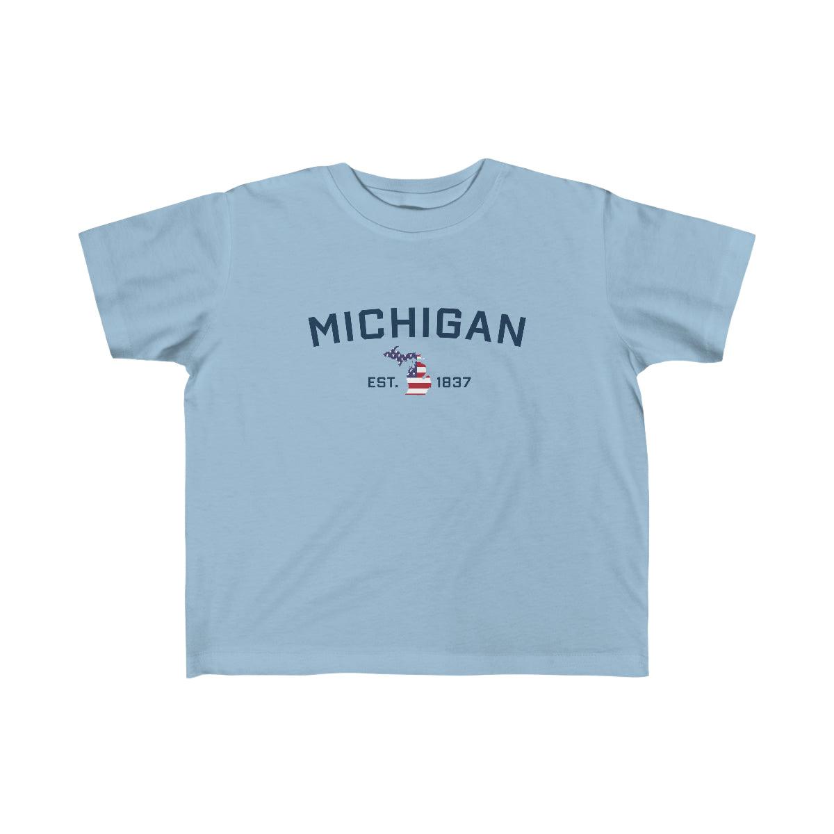 'Michigan EST 1837' T-Shirt  (w/ MI USA Flag Outline) | Toddler Short Sleeve - Circumspice Michigan