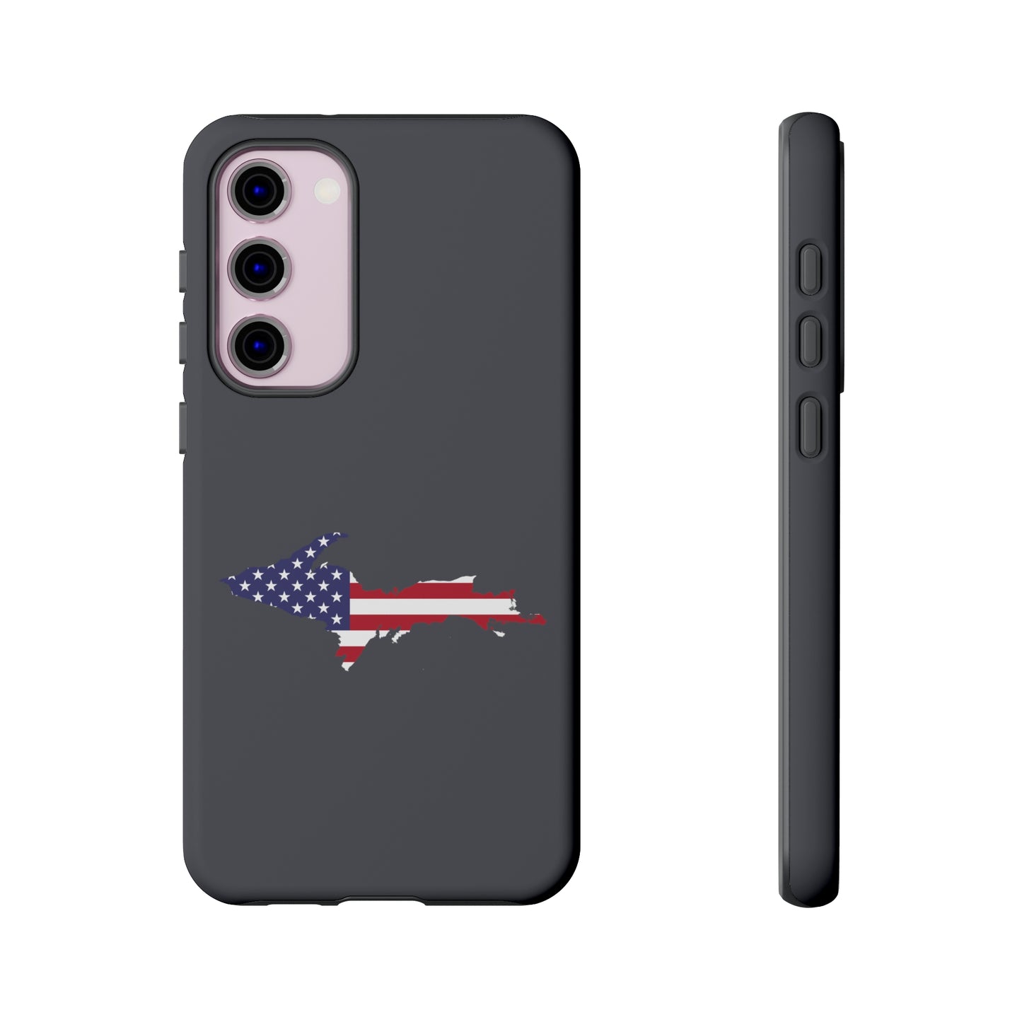 Michigan Upper Peninsula Tough Phone Case (Iron Ore Grey w/ UP USA Flag Outline) | Samsung & Pixel Android