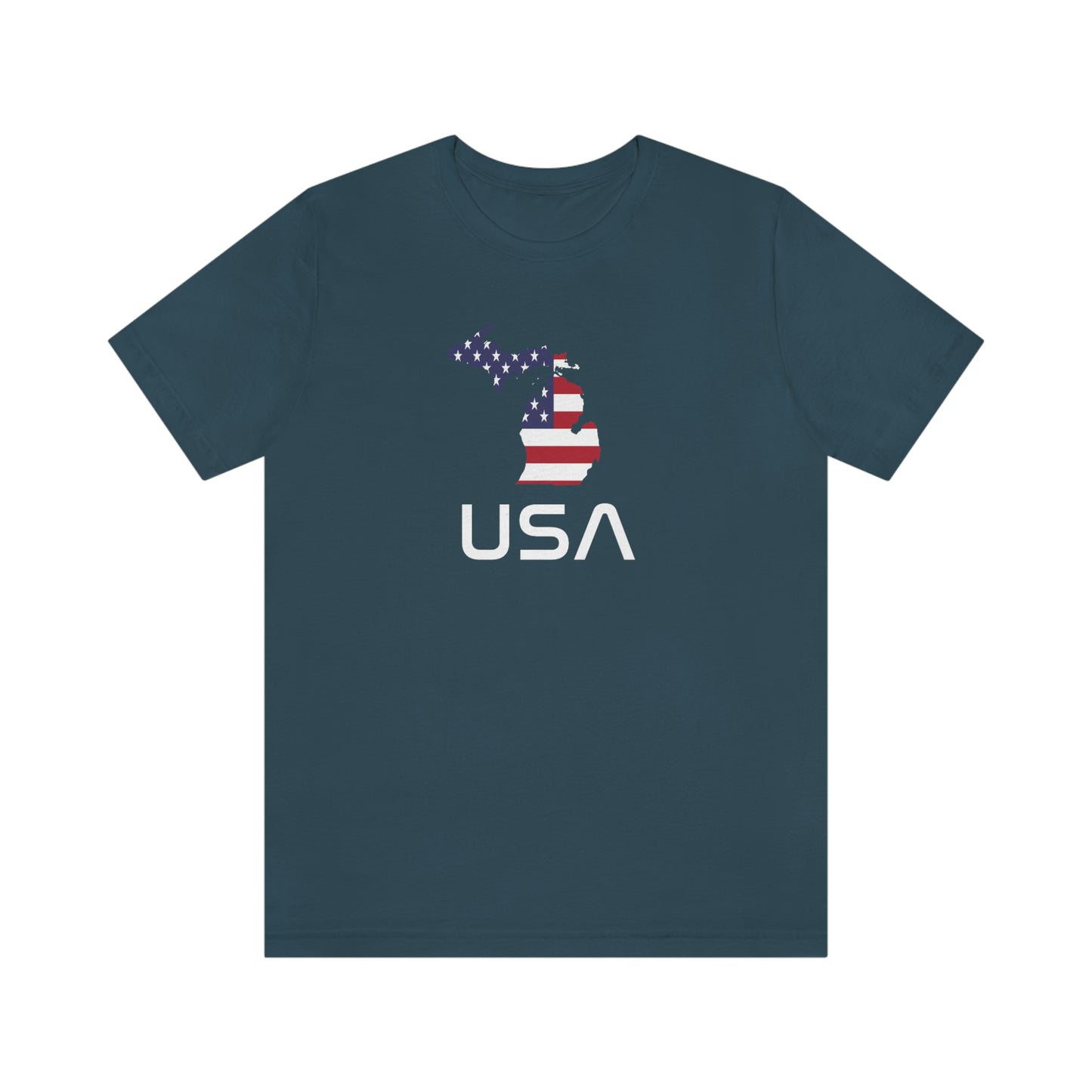 Michigan 'USA' T-Shirt (Space Agency Font w/ MI USA Flag Outline) | Unisex Standard Fit