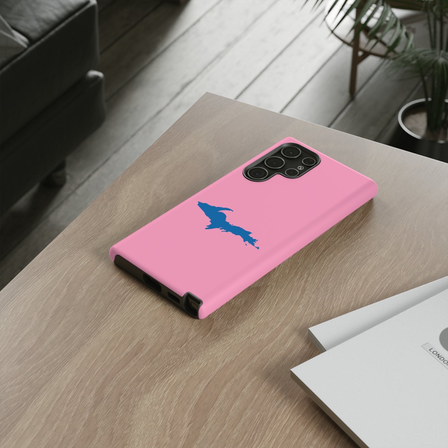 Michigan Upper Peninsula Tough Phone Case ('67 Caddie Pink w/ Azure UP Outline) | Samsung & Pixel Android