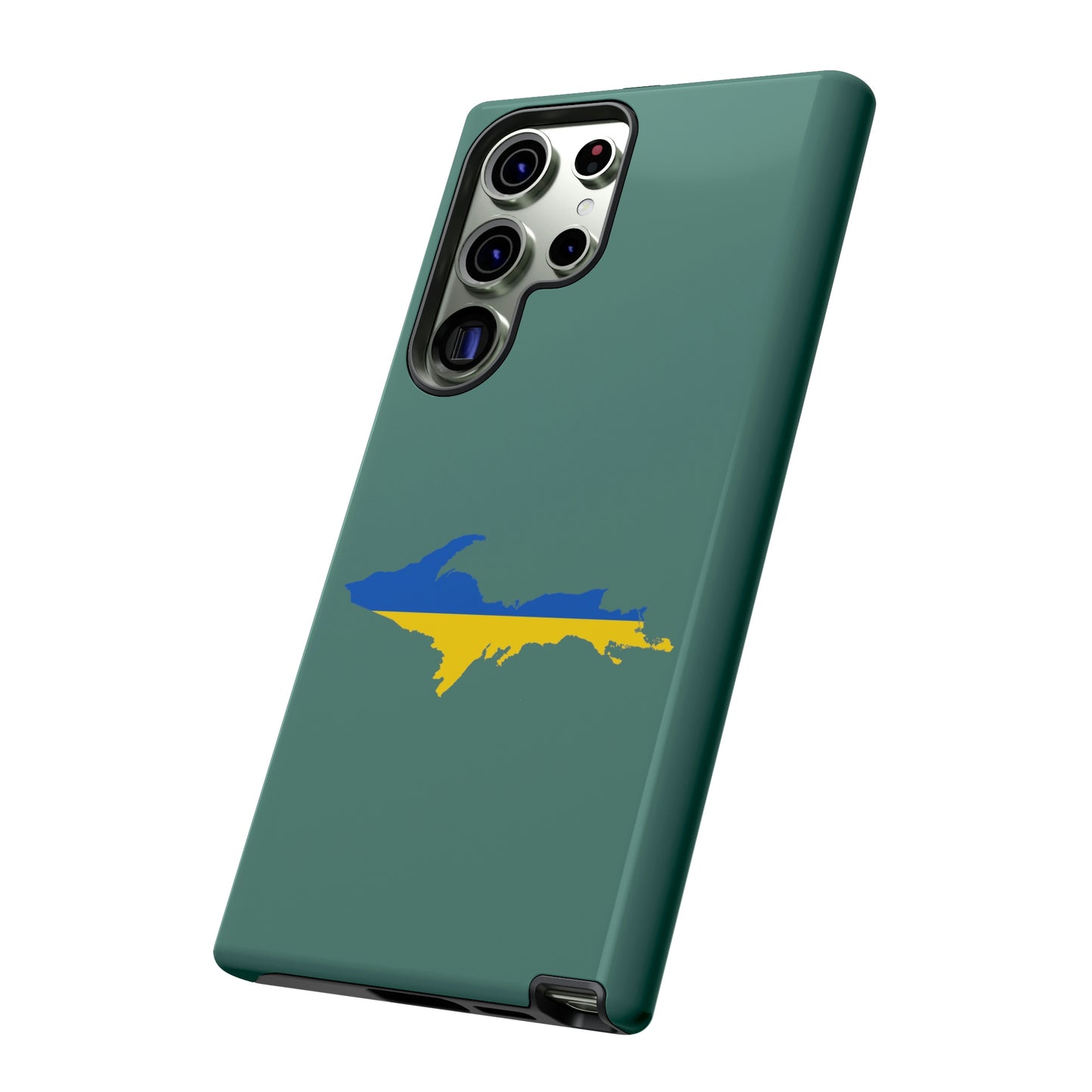 Michigan Upper Peninsula Tough Phone Case (Copper Green w/ UP Ukraine Flag Outline) | Samsung & Pixel Android