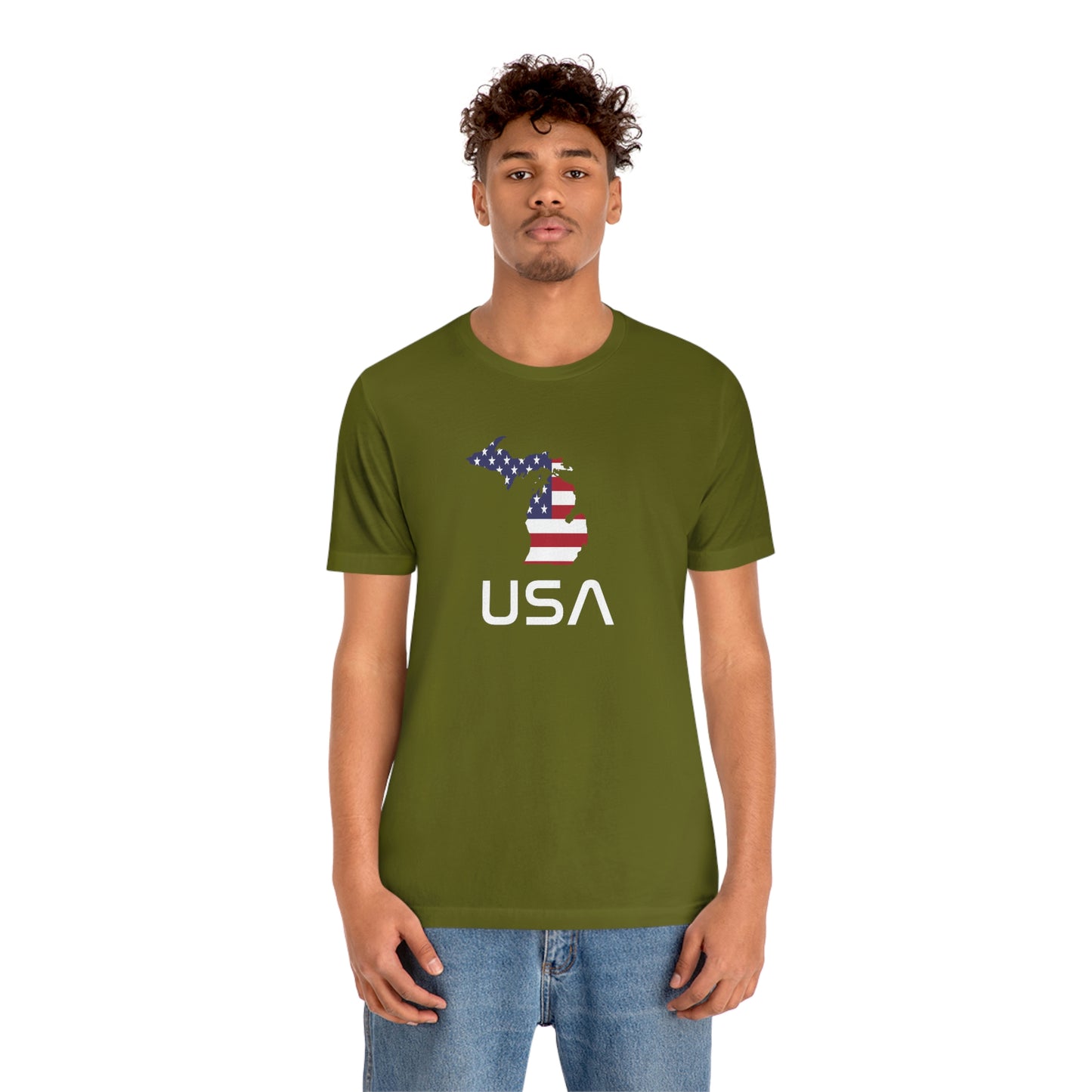 Michigan 'USA' T-Shirt (Space Agency Font w/ MI USA Flag Outline) | Unisex Standard Fit