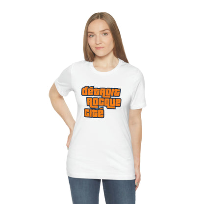 'Détroit Rocque Cité' T-Shirt (Orange Automotive Crime Parody) | Unisex Standard Fit