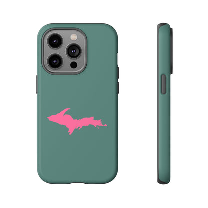 Michigan Upper Peninsula Tough Phone Case (Copper Green w/ Pink UP Outline) | Apple iPhone