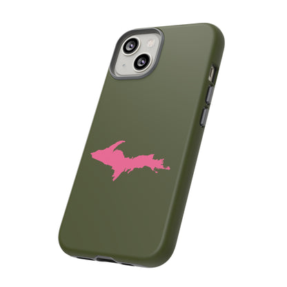 Michigan Upper Peninsula Tough Phone Case (Army Green w/ Pink UP Outline) | Apple iPhone