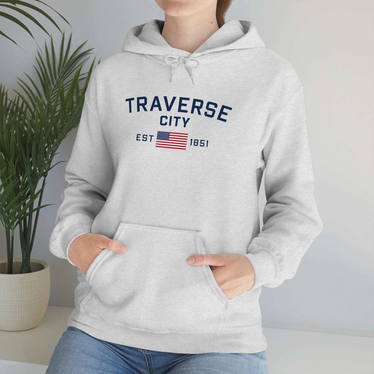 'Traverse City EST 1851' Hoodie (w/USA Flag Outline) | Unisex Standard