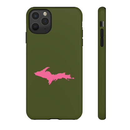 Michigan Upper Peninsula Tough Phone Case (Army Green w/ Pink UP Outline) | Apple iPhone