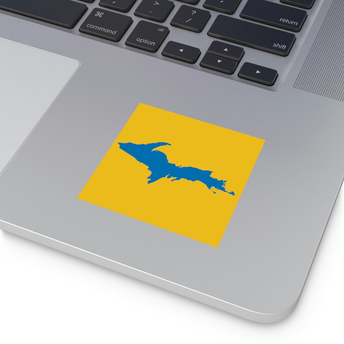 Michigan Upper Peninsula Square Sticker (Gold w/ Azure UP Outline) | Indoor/Outdoor