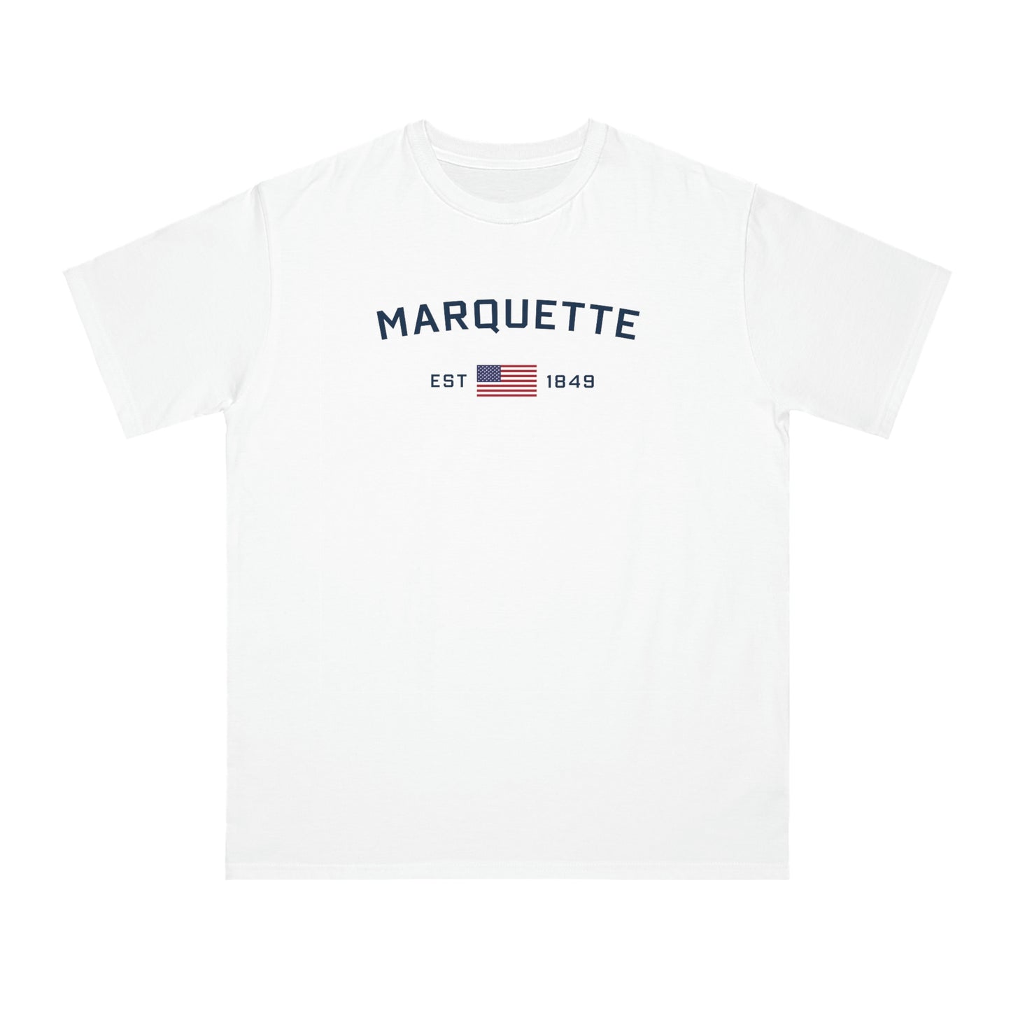 'Marquette EST 1849' T-Shirt (White/Navy Type w/ USA Flag | Organic Unisex