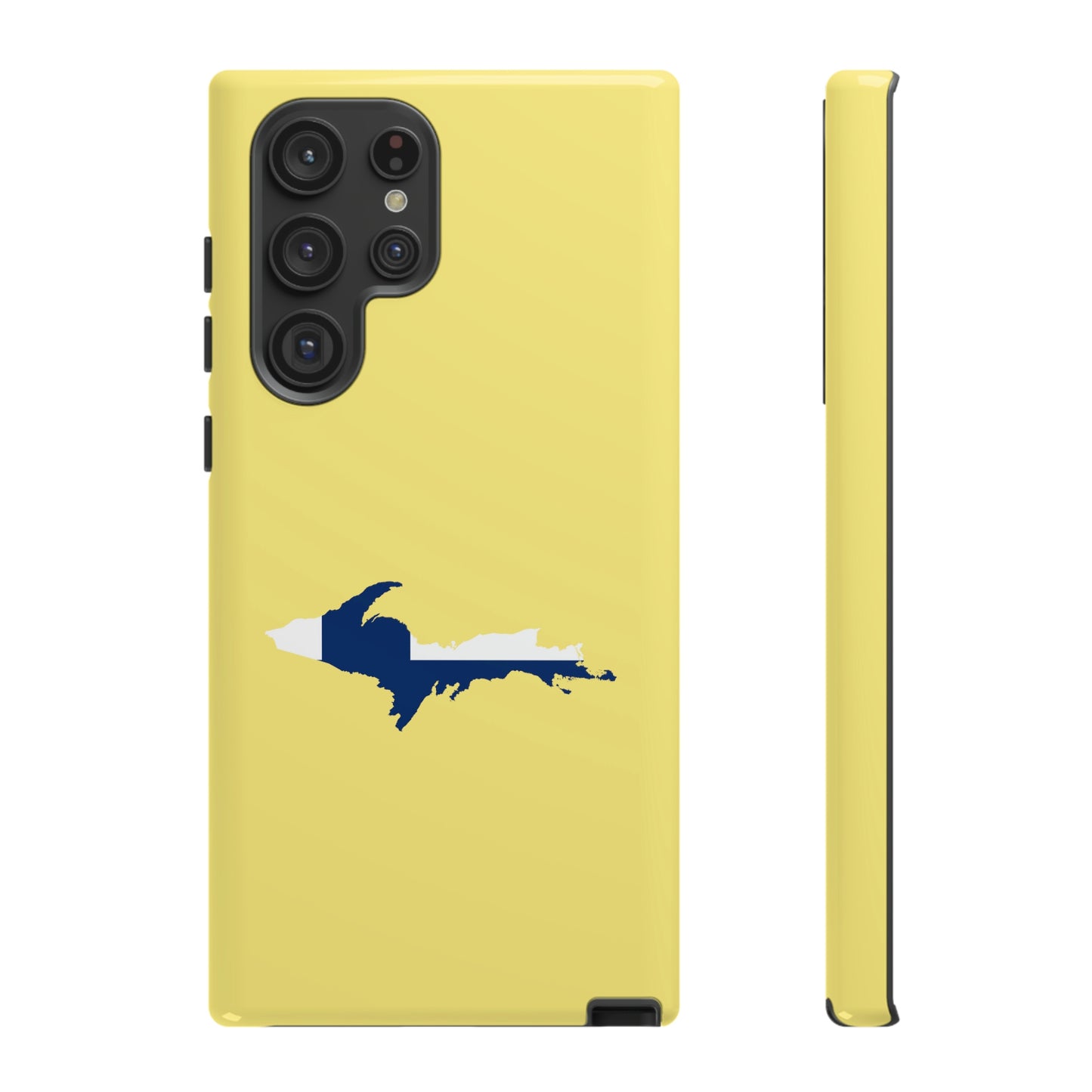 Michigan Upper Peninsula Tough Phone Case (Yellow Cherry Color w/ UP Finland Flag Outline) | Samsung & Pixel Android