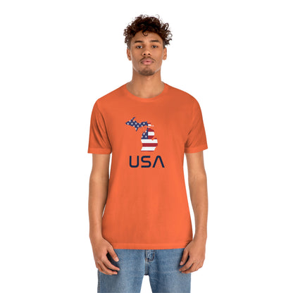 Michigan 'USA' T-Shirt (Space Agency Font w/ MI USA Flag Outline) | Unisex Standard Fit