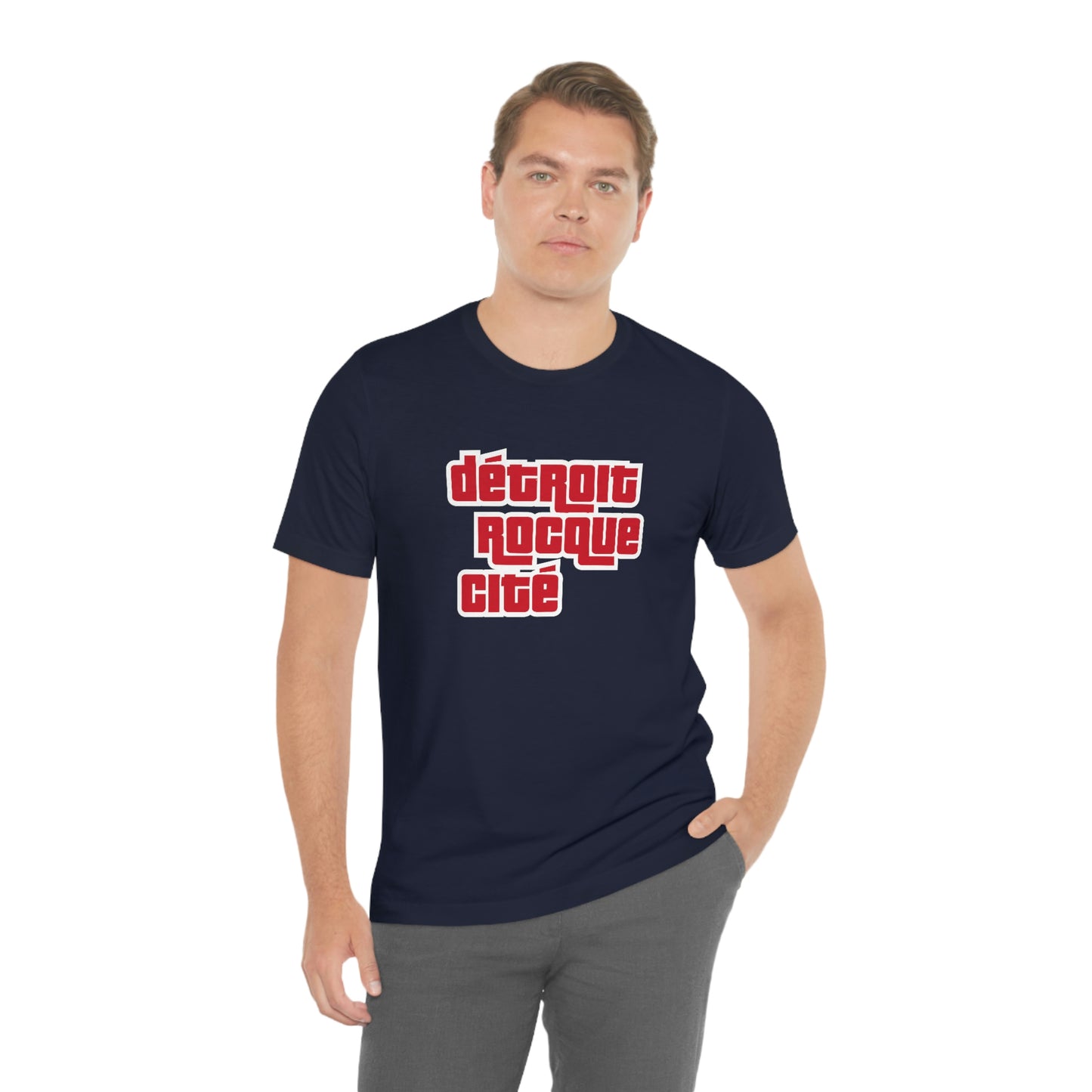 'Détroit Rocque Cité' T-Shirt (Red/White Automotive Crime Parody) | Unisex Standard Fit