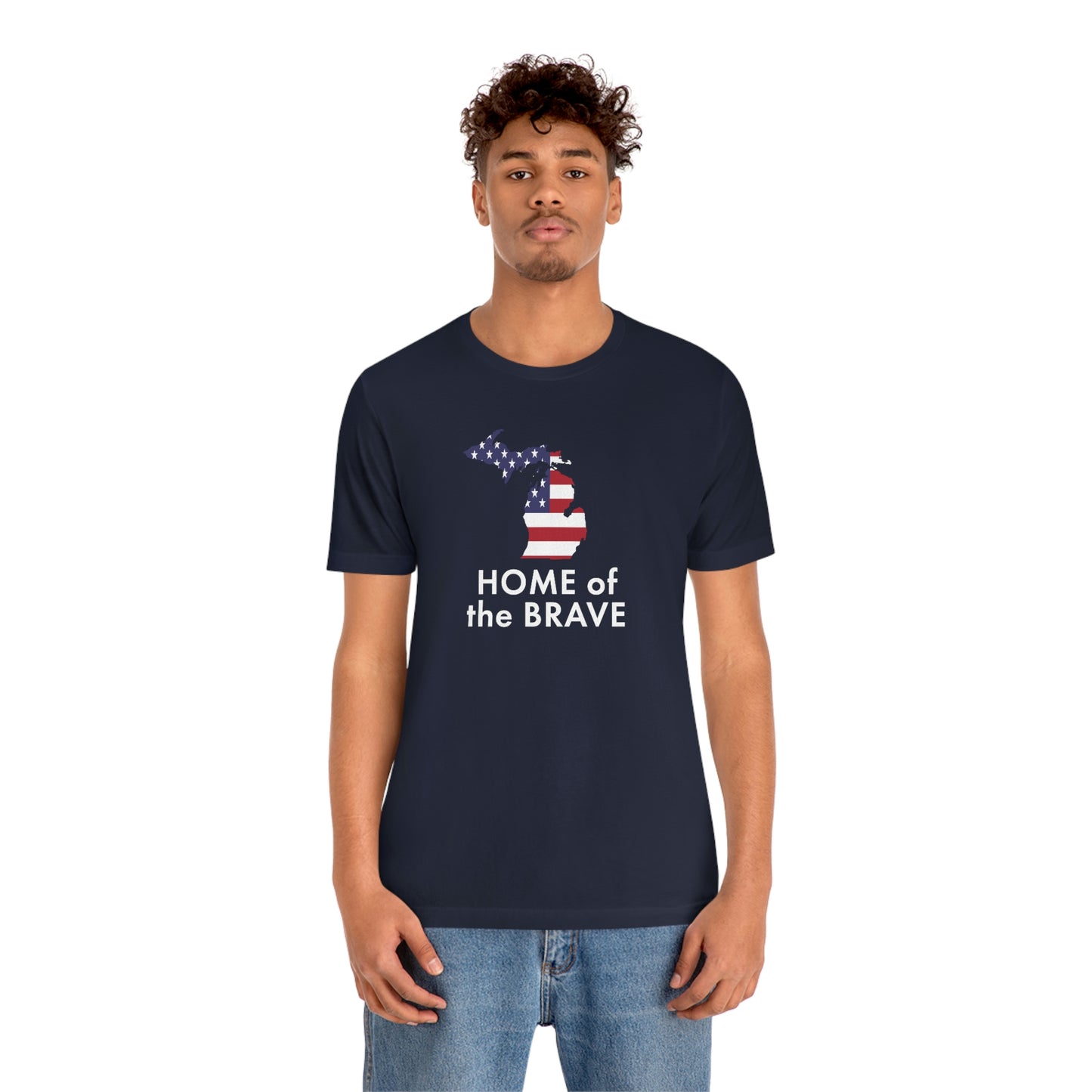 Michigan 'Home of the Brave' T-Shirt (Geometric Sans Font w/ MI USA Outline) | Unisex Standard Fit