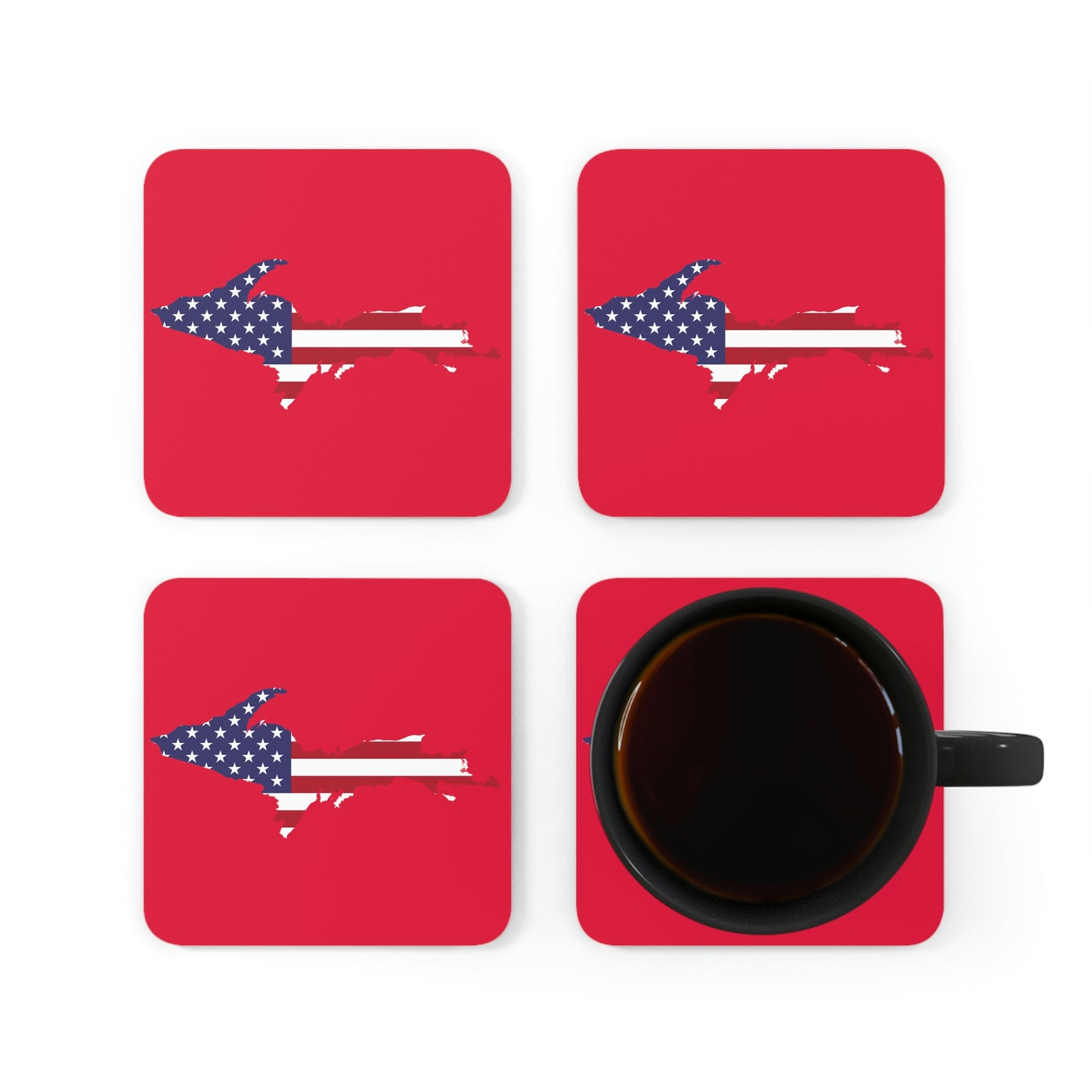 Michigan Upper Peninsula Coaster Set (Lighthouse Red w/ UP USA Flag Outline) | Corkwood - 4 pack