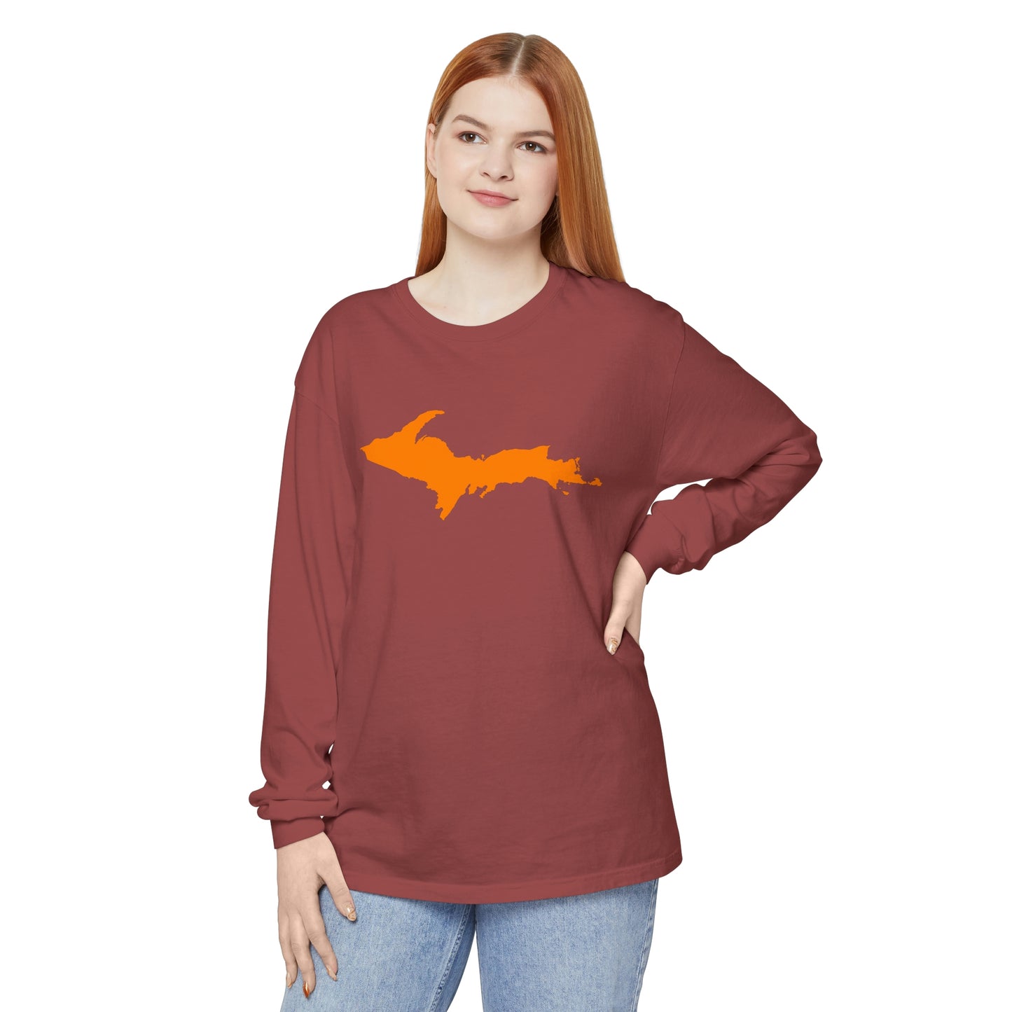 Michigan Upper Peninsula Garment-Dyed T-Shirt (w/ Orange UP Outline) | Unisex Long Sleeve