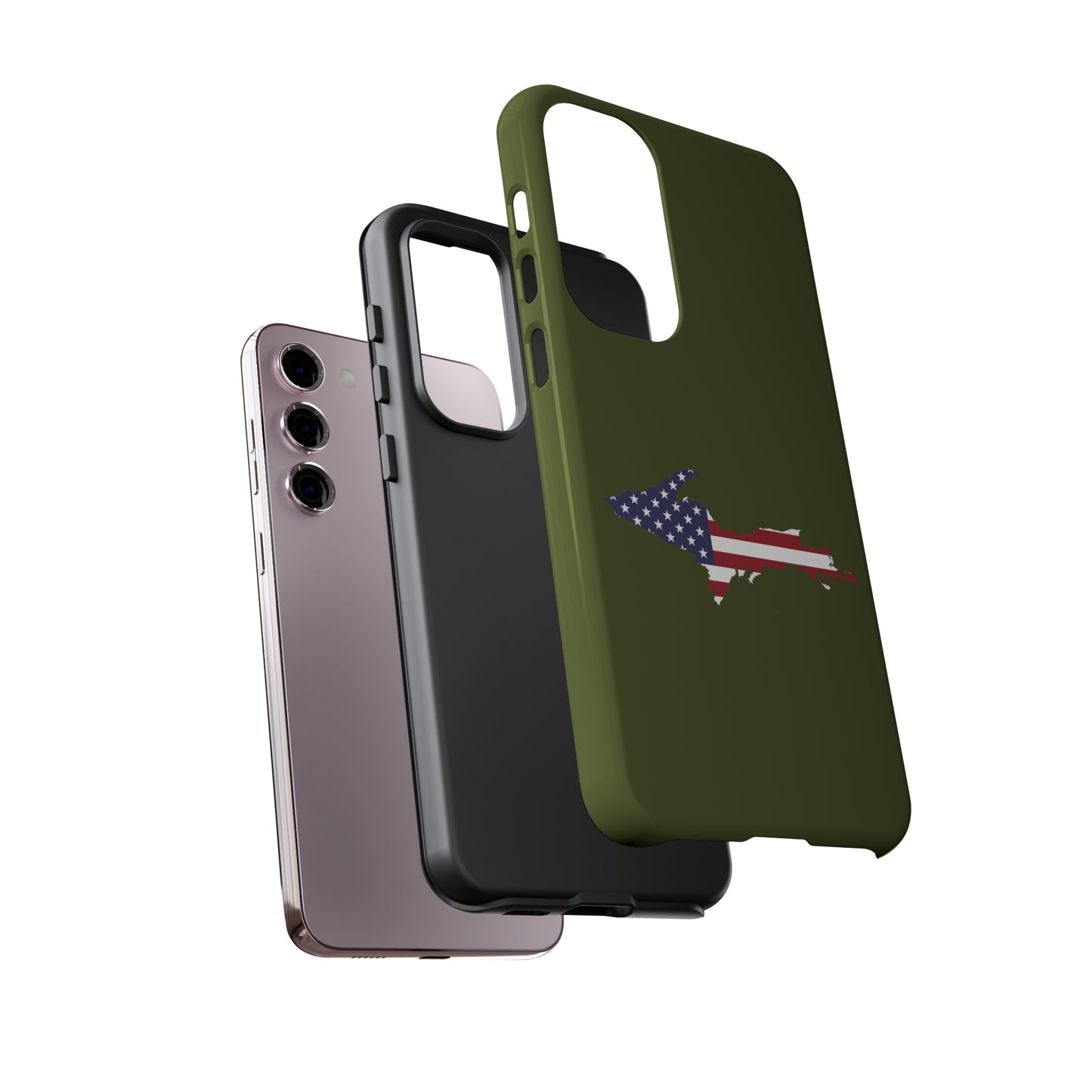 Michigan Upper Peninsula Tough Phone Case (Army Green w/ UP USA Flag Outline) | Samsung & Pixel Android