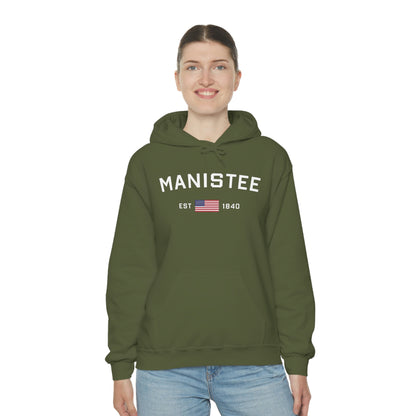 'Manistee EST 1840' Hoodie (w/USA Flag Outline) | Unisex Standard