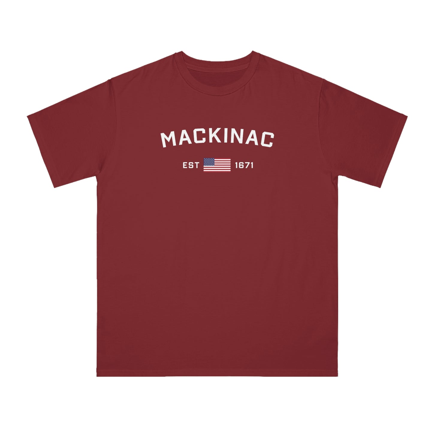 'Mackinac EST 1671' T-Shirt (w/ USA Flag | Organic Unisex