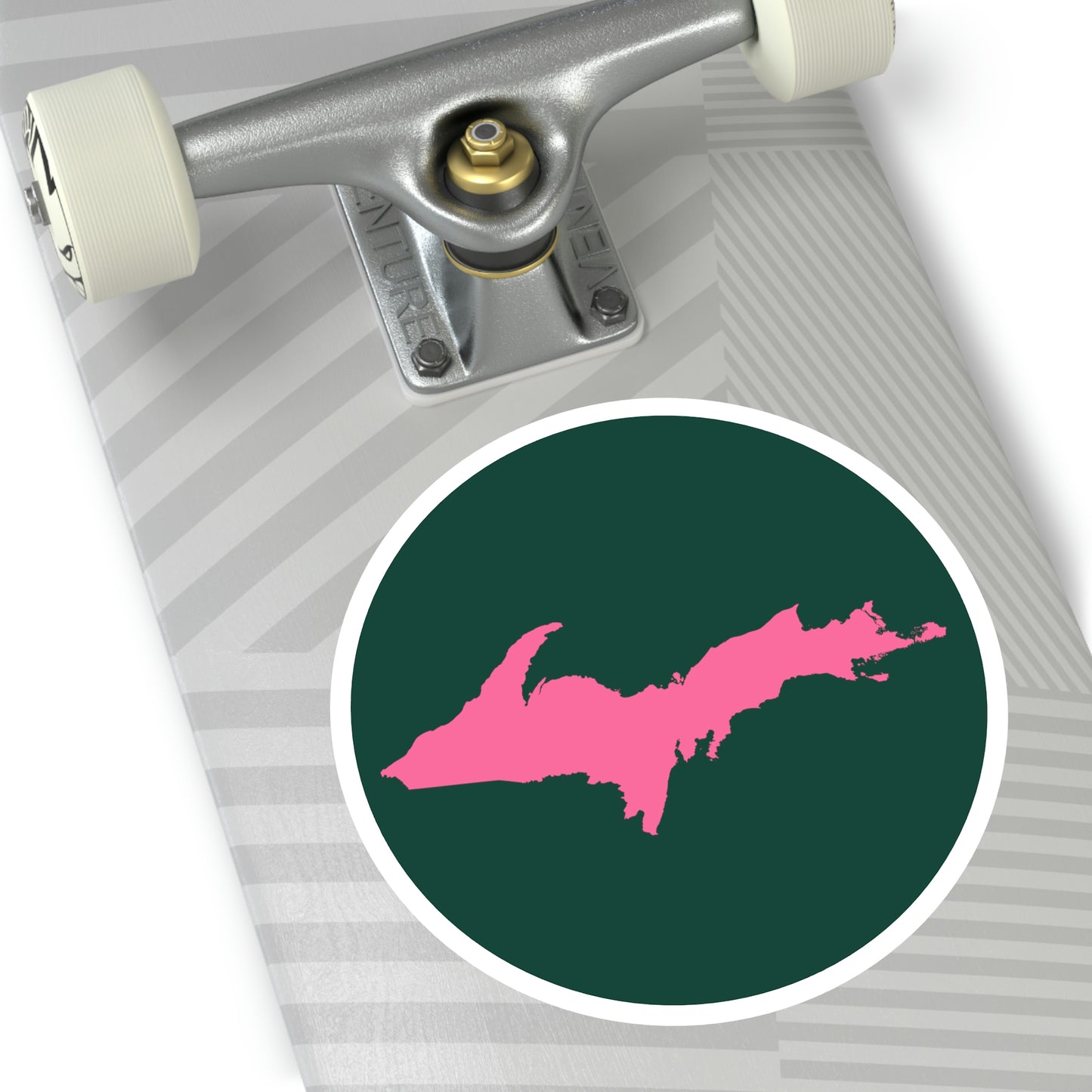 Michigan Upper Peninsula Round Stickers (Green w/ Pink UP Outline) | Indoor\Outdoor