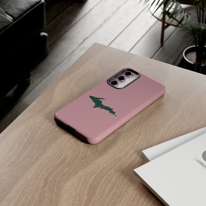 Michigan Upper Peninsula Tough Phone Case (Cherry Blossom Pink w/ Green UP Outline) | Samsung & Pixel Android