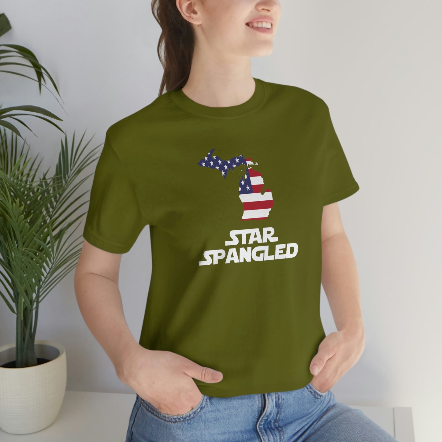 Michigan 'Star Spangled' T-Shirt (Epic Sci Fi Font w/ MI USA Flag Outline) | Unisex Standard Fit