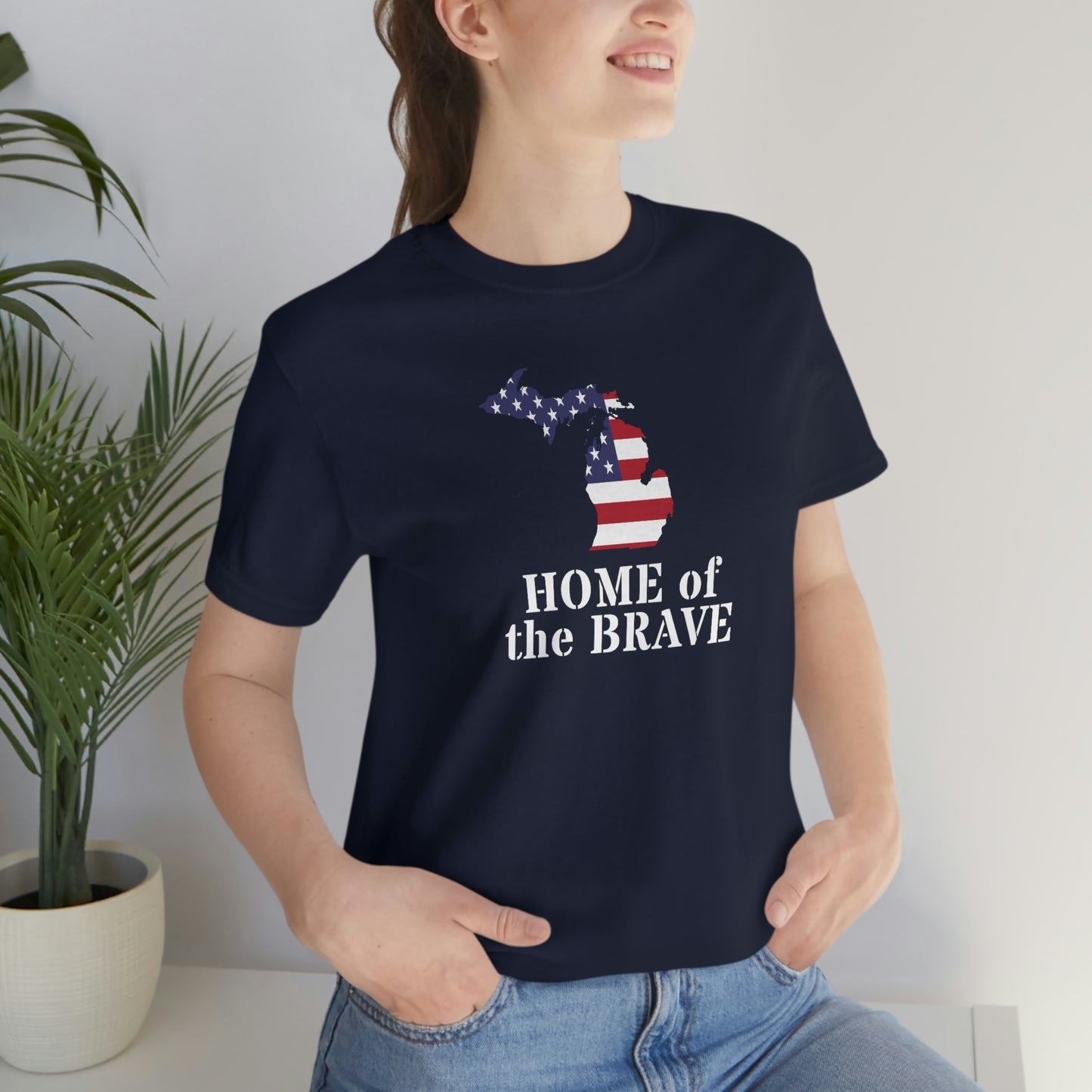 Michigan 'Home of the Brave' T-Shirt (Army Stencil Font w/ MI USA Outline) | Unisex Standard Fit